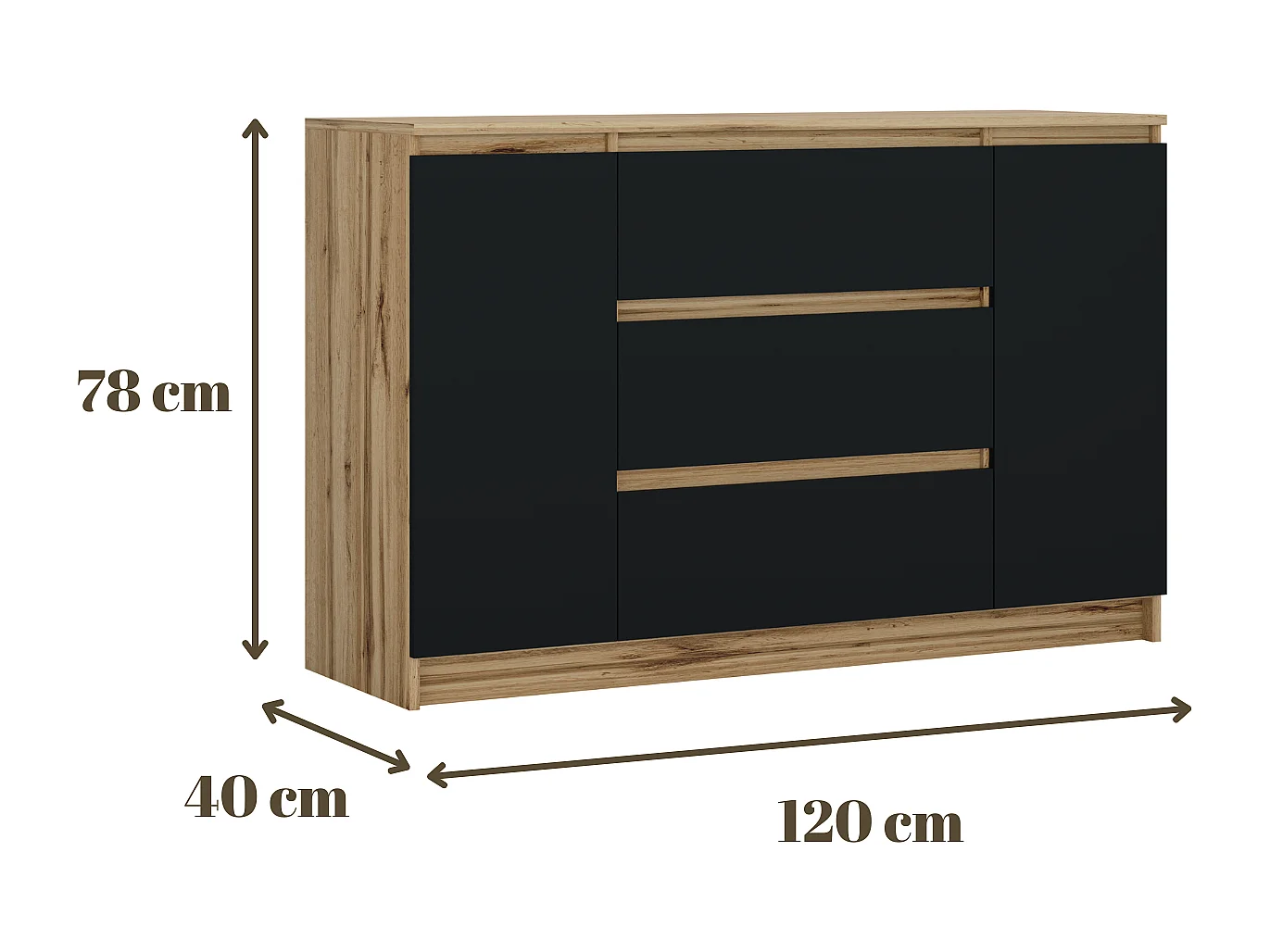 Commode, Chêne Wotan / Noir, 120 x 78 x 39 cm, 2 portes, 3 tiroirs