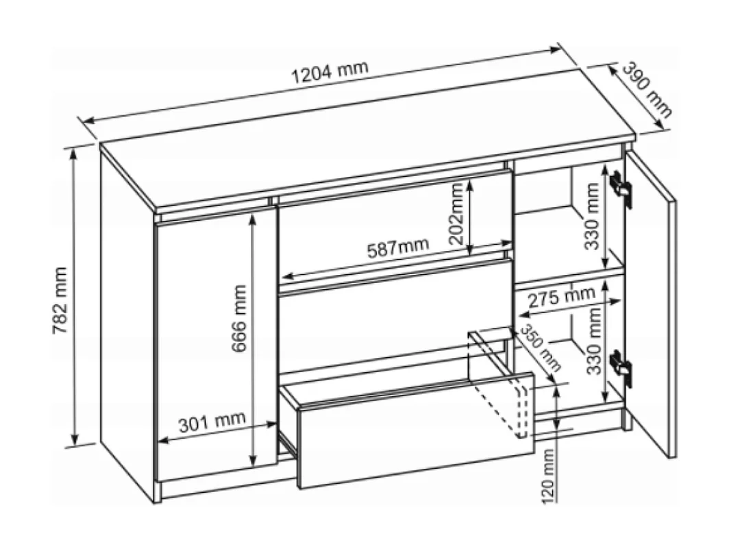 Commode, Chêne Wotan / Noir, 120 x 78 x 39 cm, 2 portes, 3 tiroirs