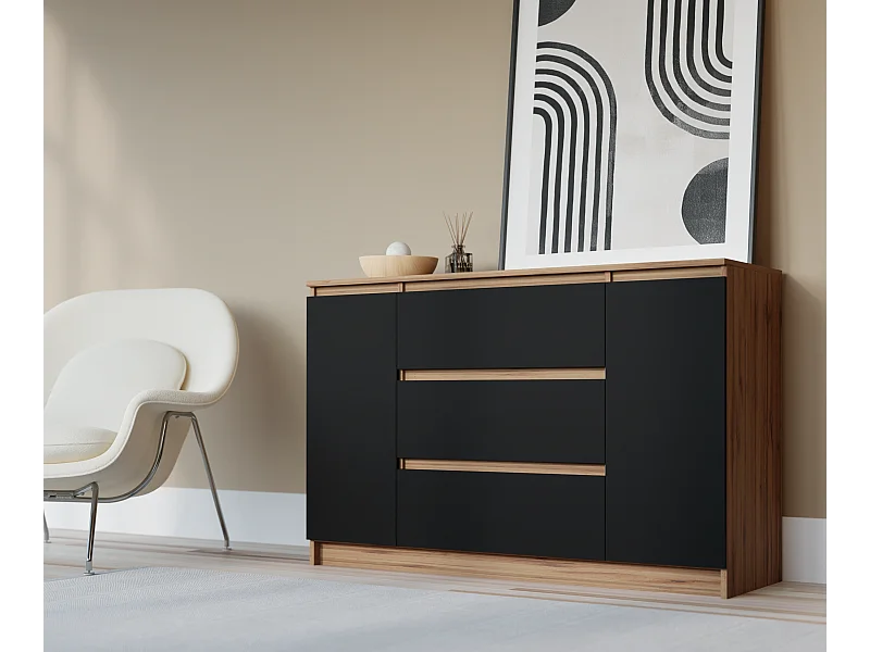 Cômoda, Wotan Carvalho / Preto, 120 x 78 x 39 cm, 2 portas, 3 gavetas