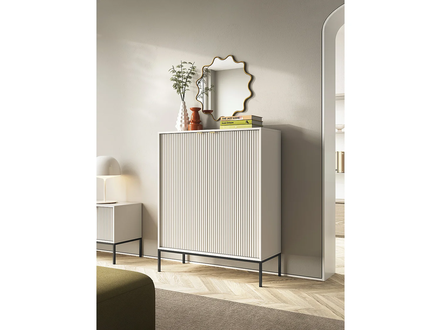 Commode : 2 Portes, Cachemire, Noir, 104 x 125 x 39 cm, poignées dorées