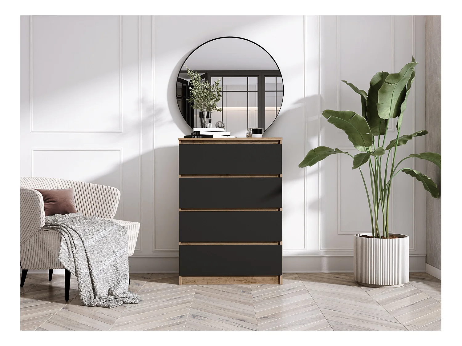 Ladekast met 4 laden: Wotan eiken / mat zwart, 70 x 39 x 101 cm