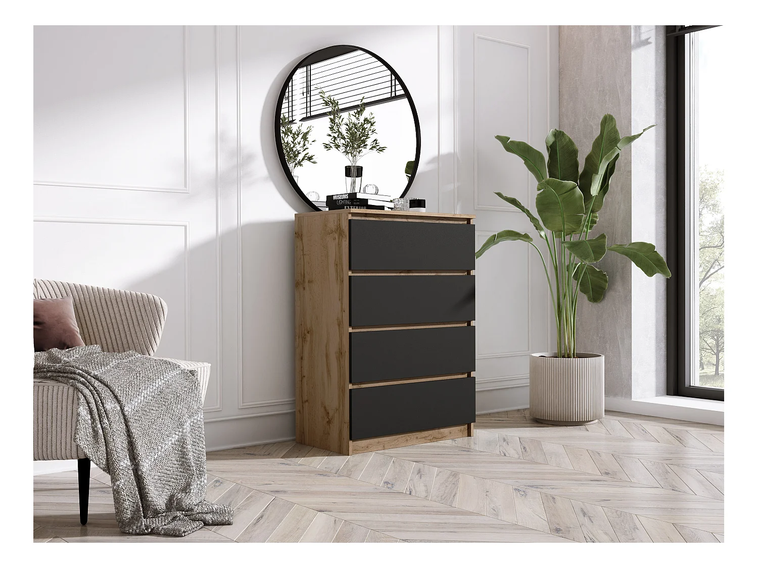 Commode 4 Tiroirs : Chêne Wotan / Noir Mat, 70 x 39 x 101 cm
