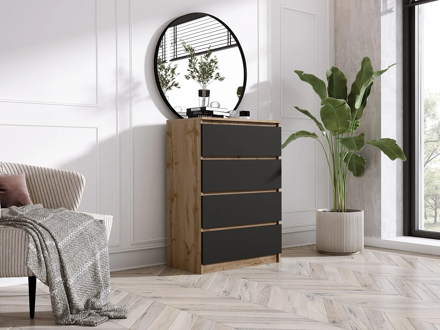 Commode 4 Tiroirs : Chêne Wotan / Noir Mat, 70 x 39 x 101 cm