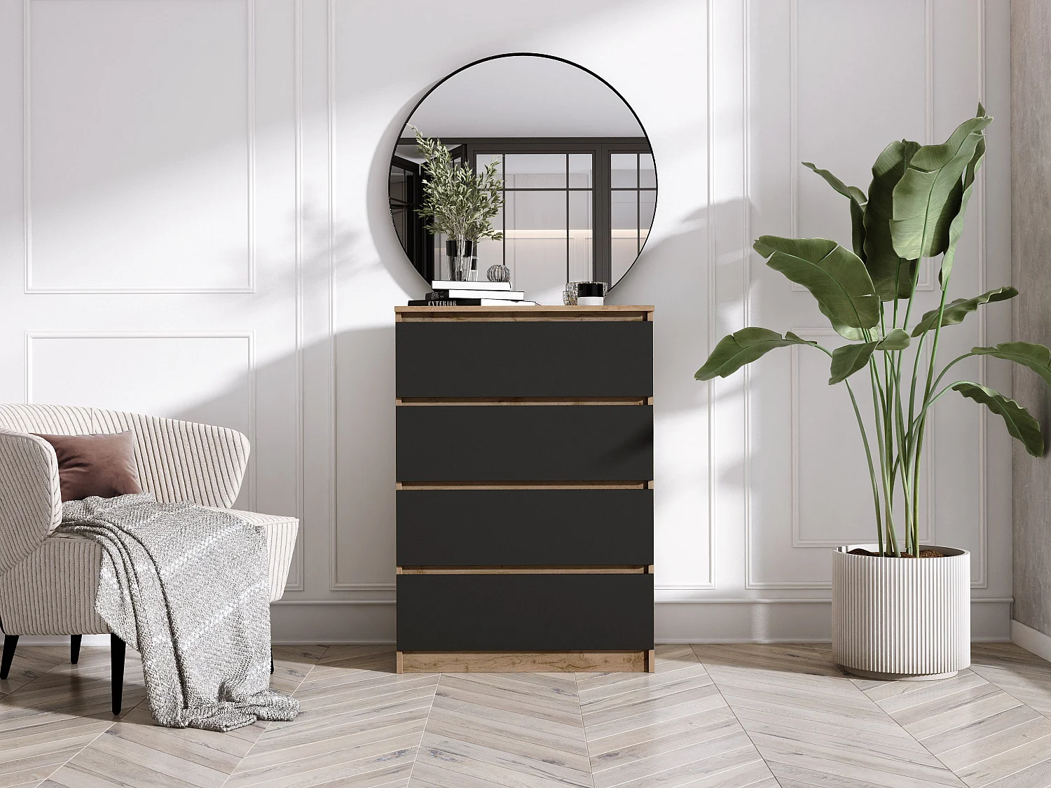 Commode 4 Tiroirs : Chêne Wotan / Noir Mat, 70 x 39 x 101 cm