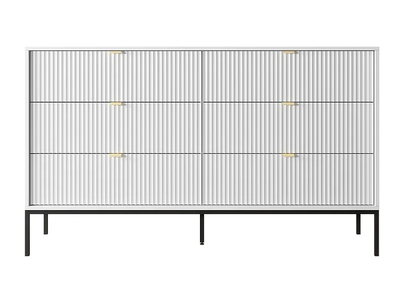 Cômoda: 6 Gavetas, Branco, Pernas Pretas, 154 x 39 x 83 cm, puxadores dourados