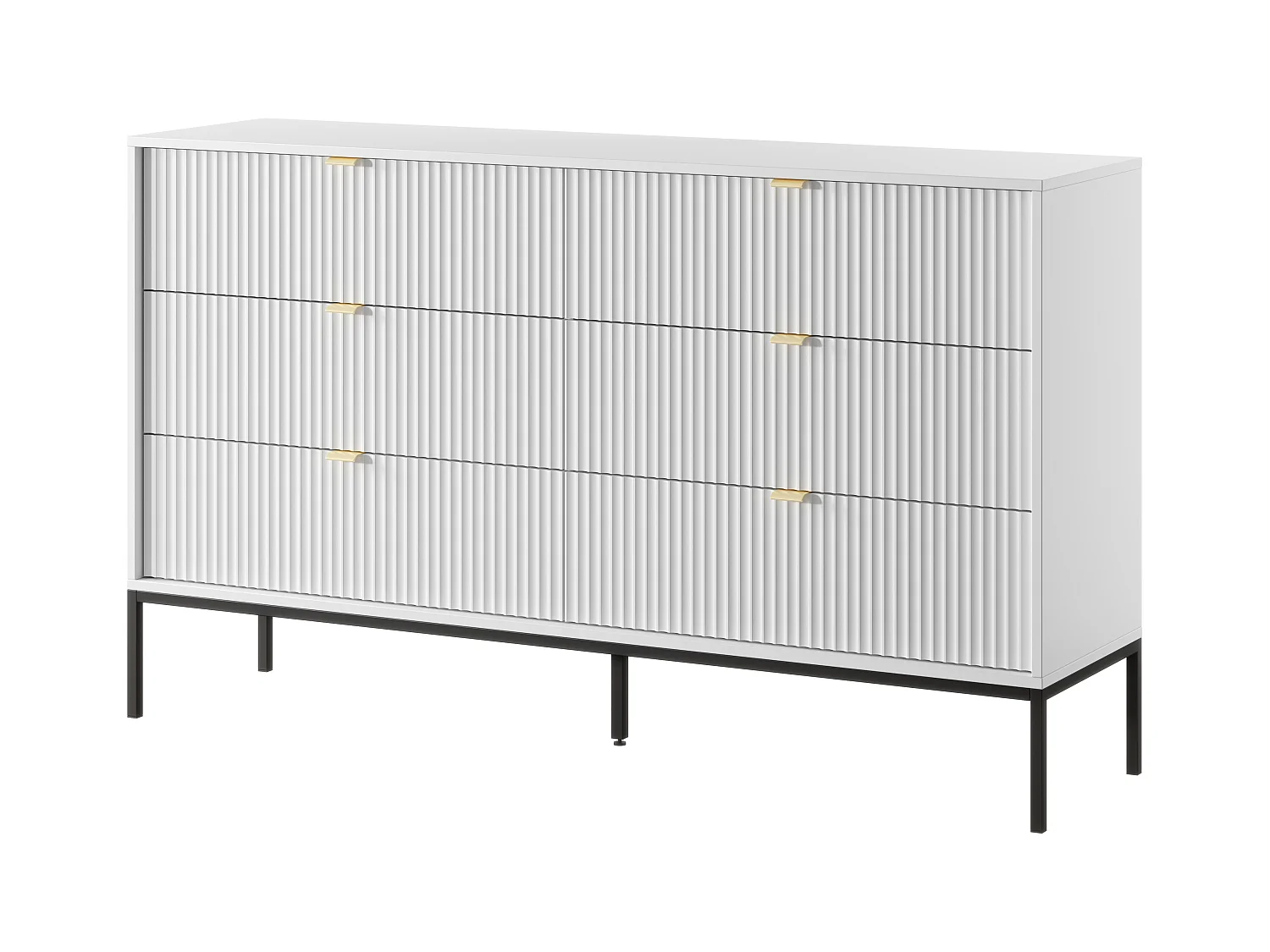 Ladekast: 6 lades, wit, zwarte poten, 154 x 39 x 83 cm, gouden handgrepen