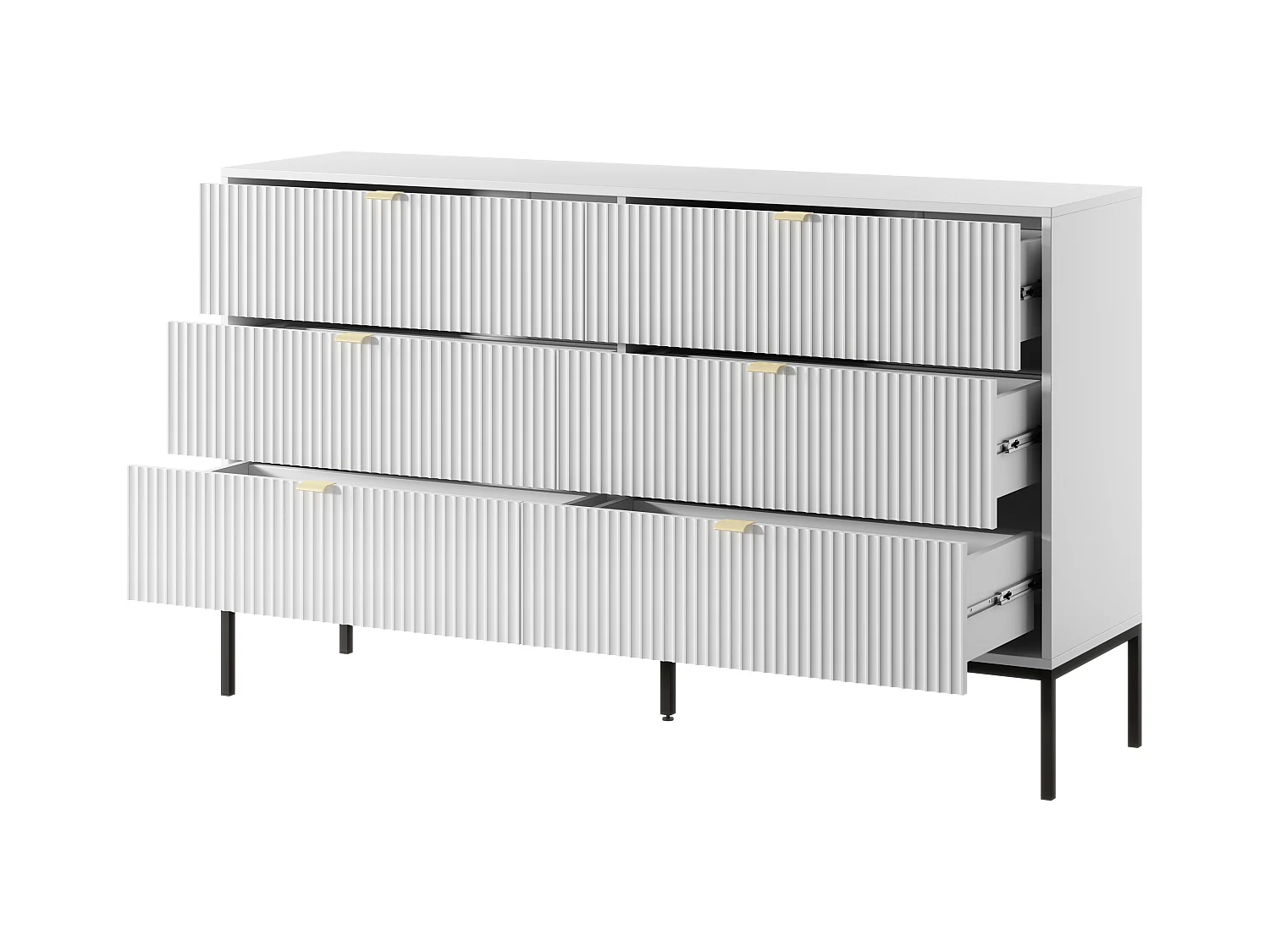 Ladekast: 6 lades, wit, zwarte poten, 154 x 39 x 83 cm, gouden handgrepen