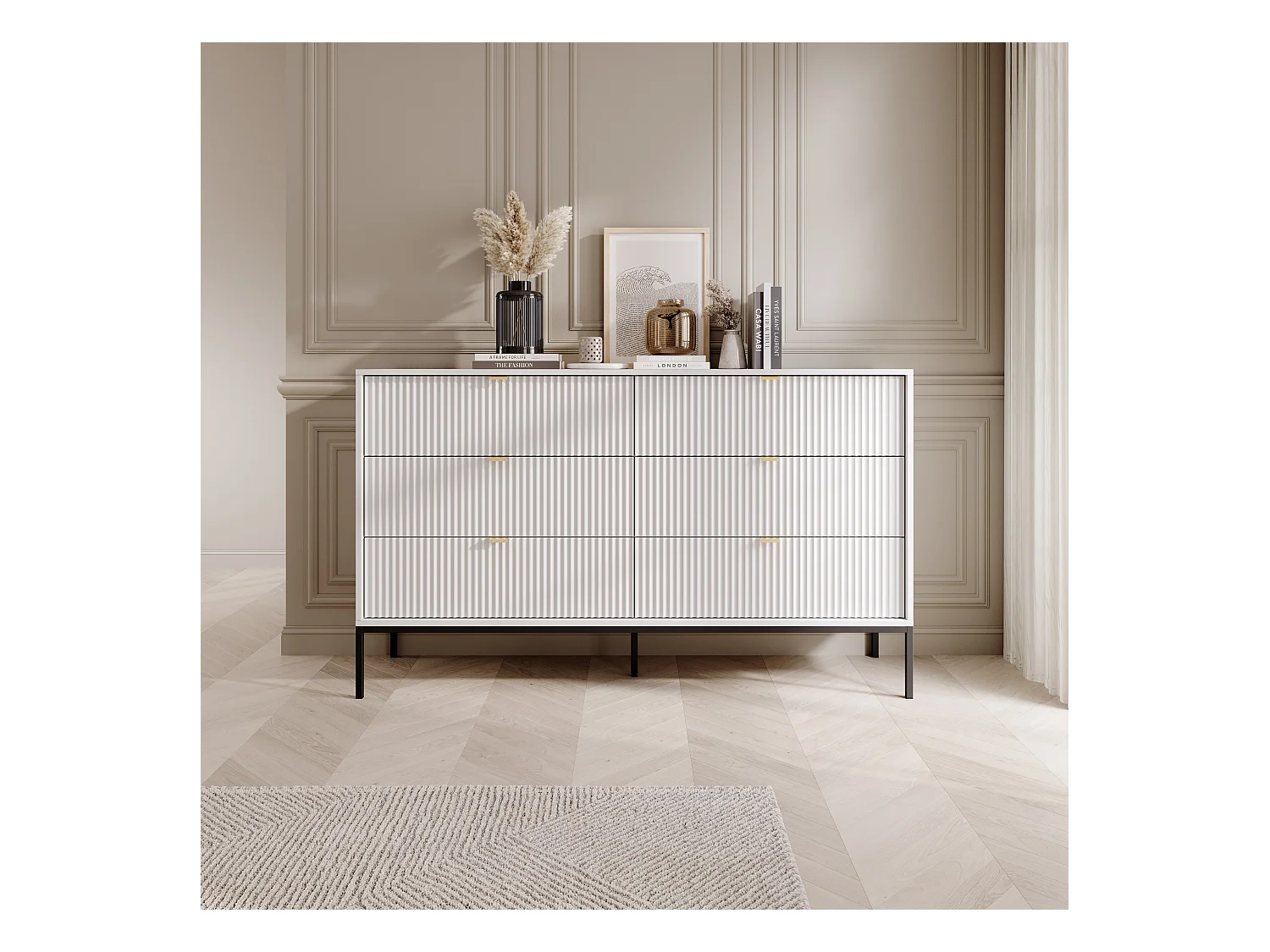 Ladekast: 6 lades, wit, zwarte poten, 154 x 39 x 83 cm, gouden handgrepen