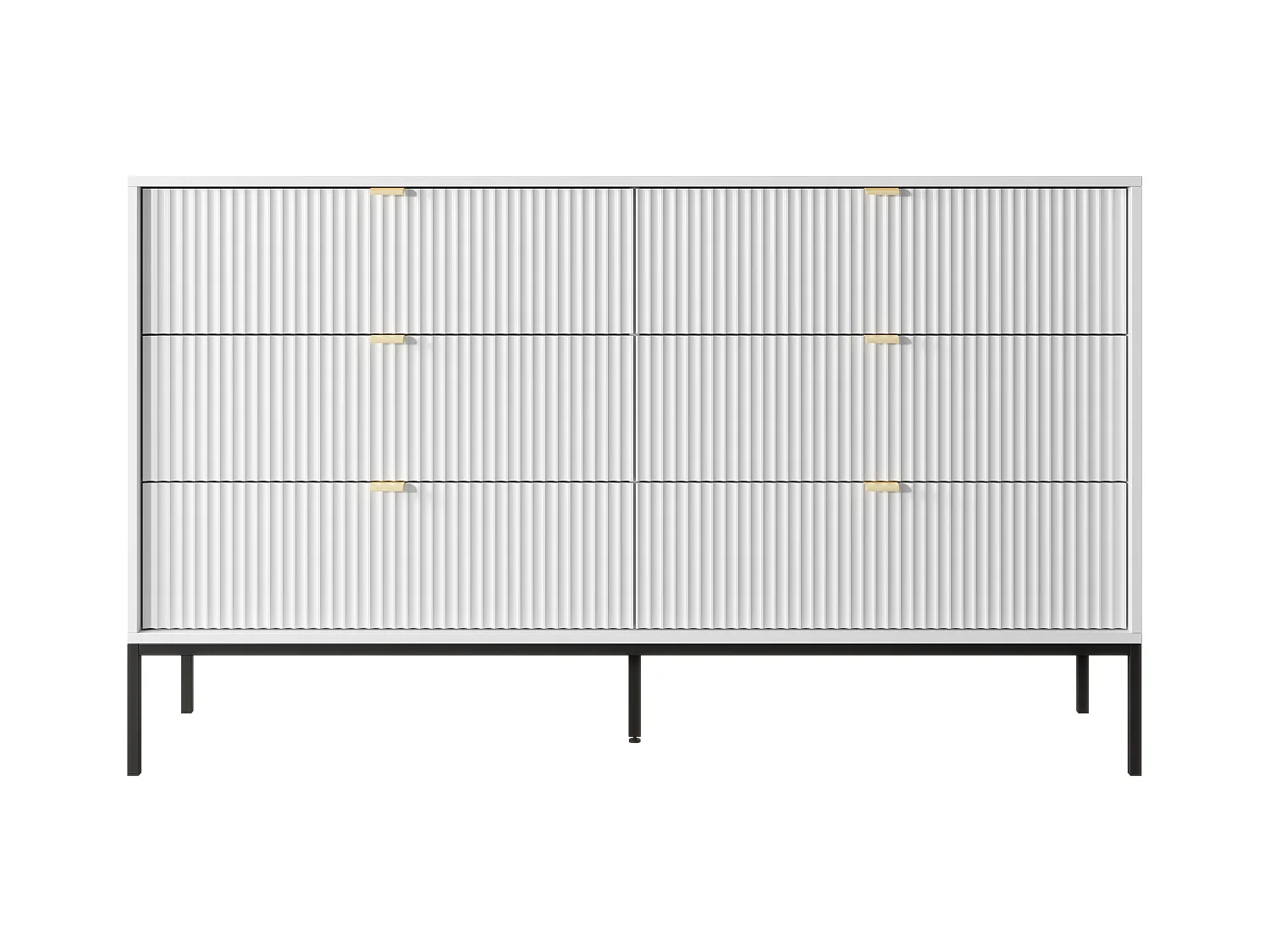 Kommode: 6 Schubladen, Weiß, schwarze Beine, 154 x 39 x 83 cm, goldene Griffe