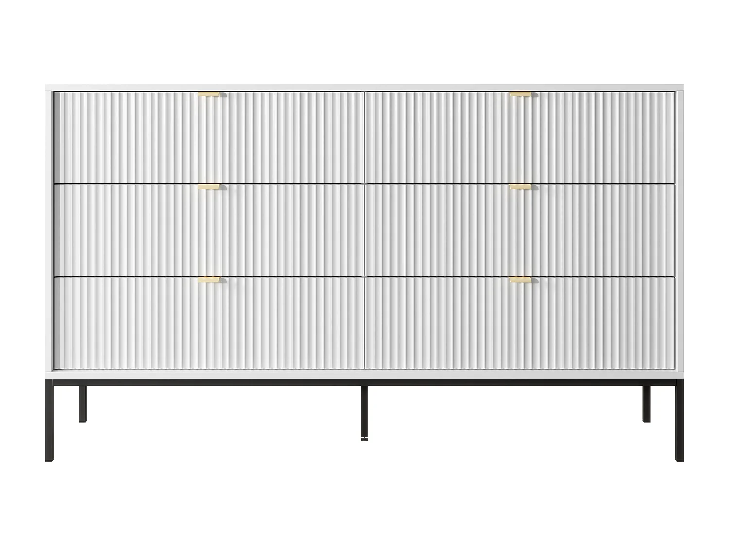 Commode : 6 Tiroirs, Blanc, Pieds Noirs, 154 x 39 x 83 cm, poignées dorées