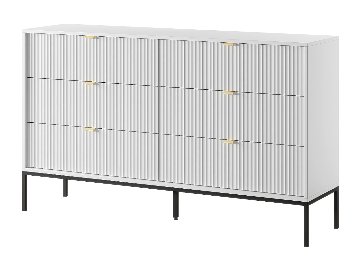 Commode : 6 Tiroirs, Blanc, Pieds Noirs, 154 x 39 x 83 cm, poignées dorées