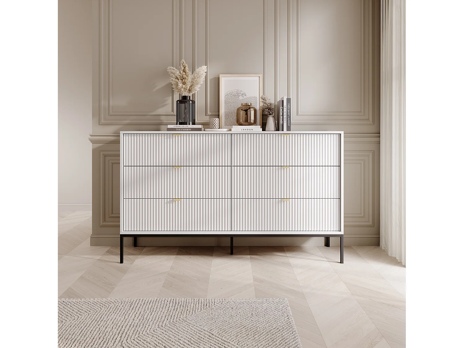 Commode : 6 Tiroirs, Blanc, Pieds Noirs, 154 x 39 x 83 cm, poignées dorées