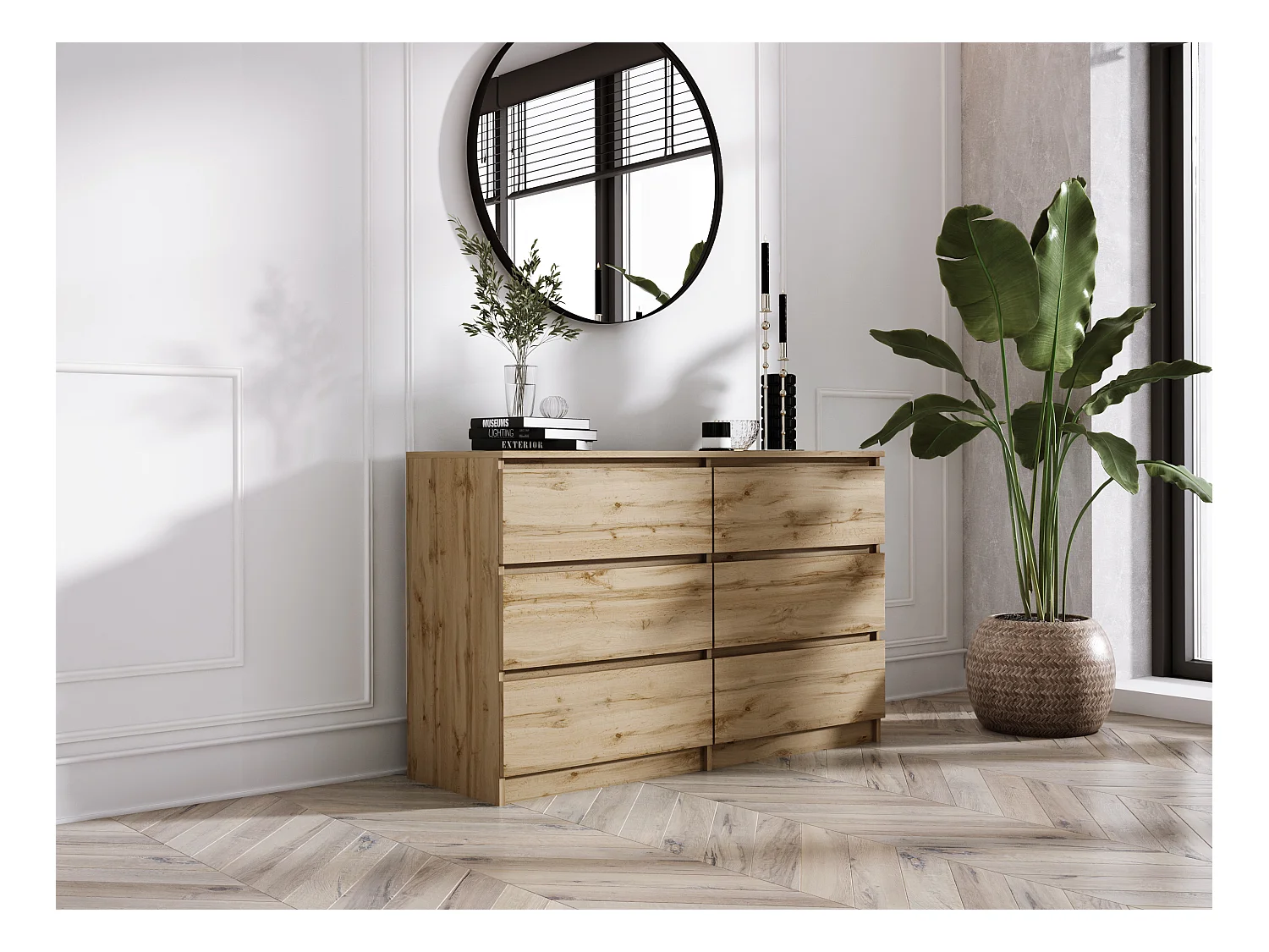 Commode 6 Tiroirs : Chêne Wotan, 120 x 39 x 79 cm