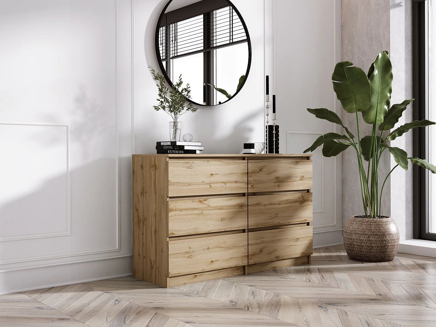 Commode 6 Tiroirs : Chêne Wotan, 120 x 39 x 79 cm