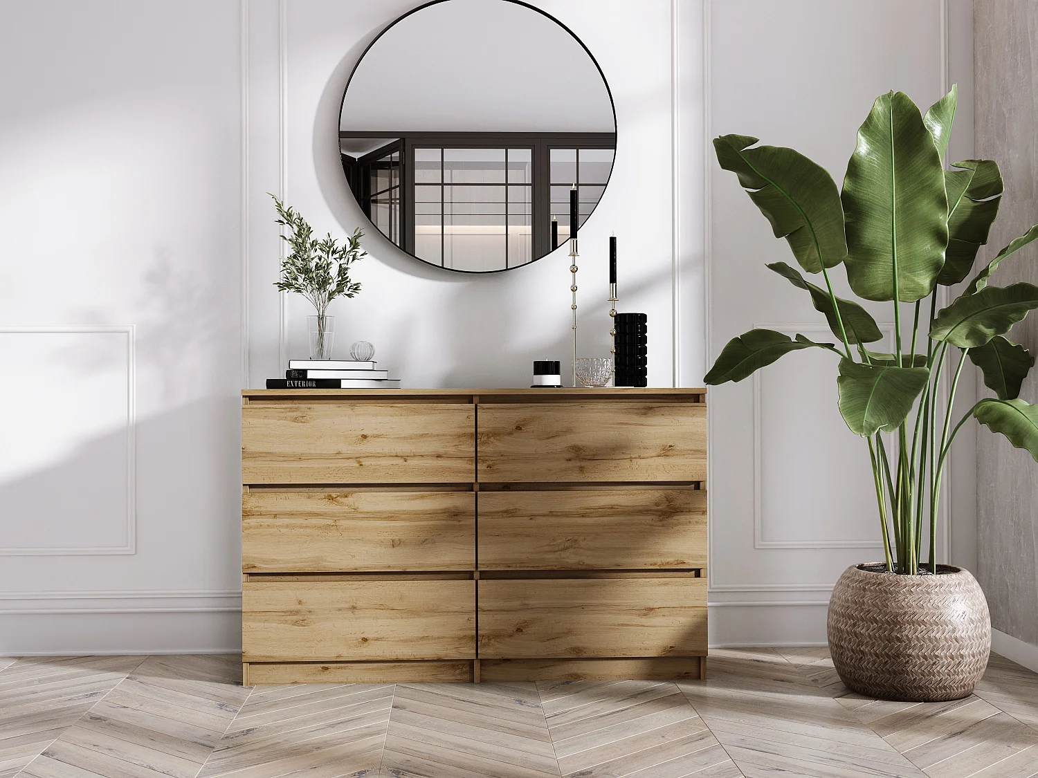 Commode 6 Tiroirs : Chêne Wotan, 120 x 39 x 79 cm