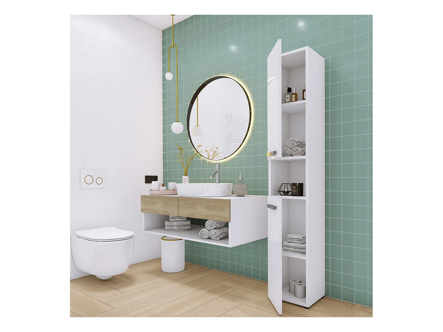 Meuble de salle de bain, Blanc Mat / Blanc Brillant, 30 x 174 x 30 cm