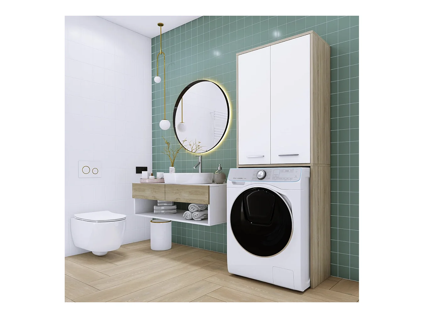 Mueble para lavadora, blanco mate, roble Sonoma, 31 x 64 x 180 cm