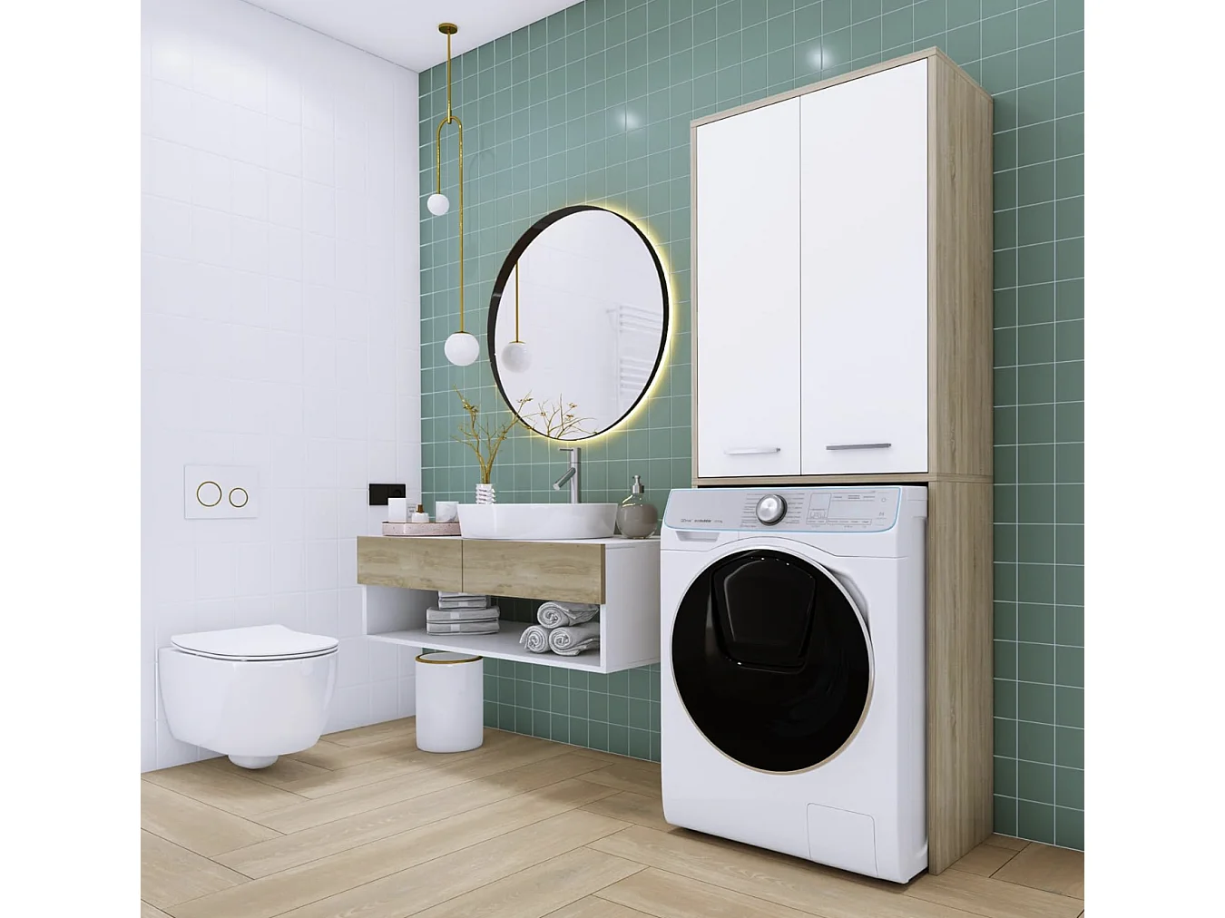 Mobile per lavatrice, bianco opaco, rovere Sonoma, 31 x 64 x 180 cm