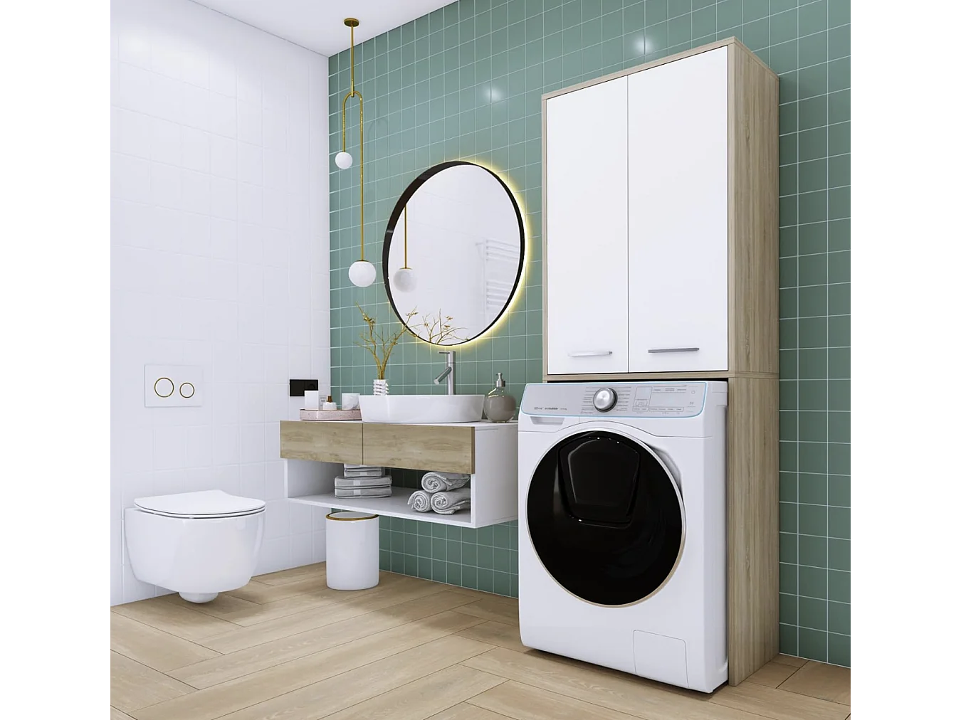 Armário para máquina de lavar, branco mate, carvalho Sonoma, 31 x 64 x 180 cm