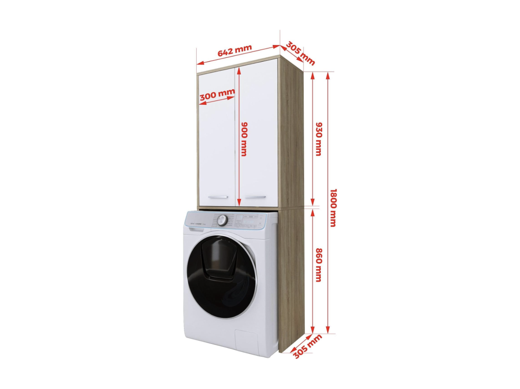 Wasmachinekast, mat wit, Sonoma eiken, 31 x 64 x 180 cm