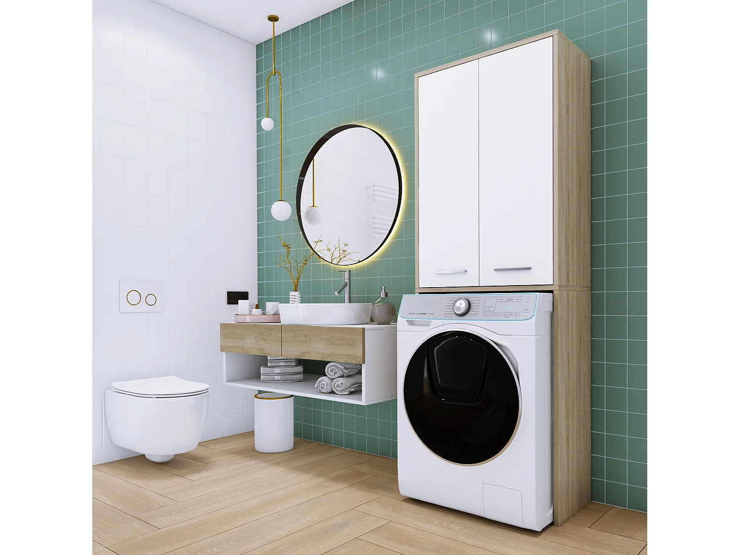 Mueble para lavadora, roble Sonoma, blanco mate, 31 x 64 x 180 cm