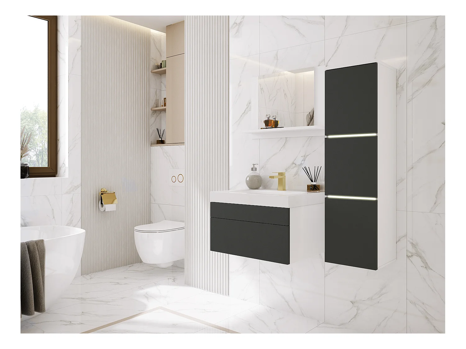 Ensemble meuble salle de bain, Blanc Mat, Antracite, 90 x 110 cm