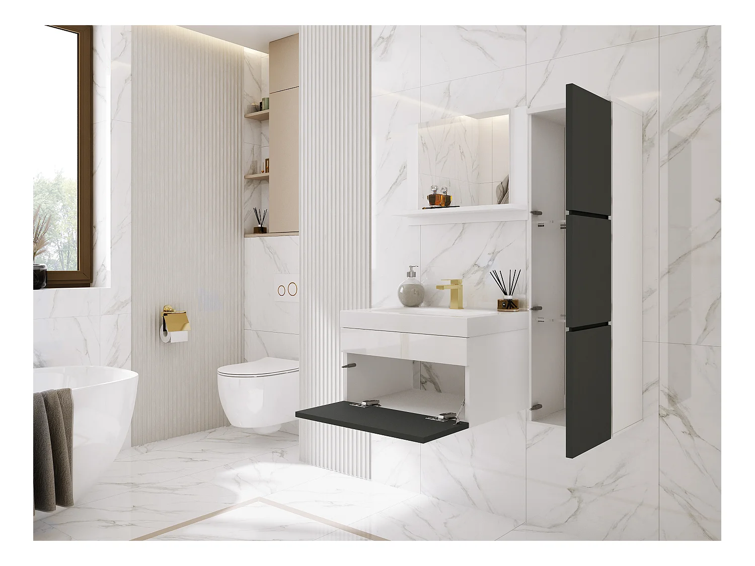 Ensemble meuble salle de bain, Blanc Mat, Antracite, 90 x 110 cm