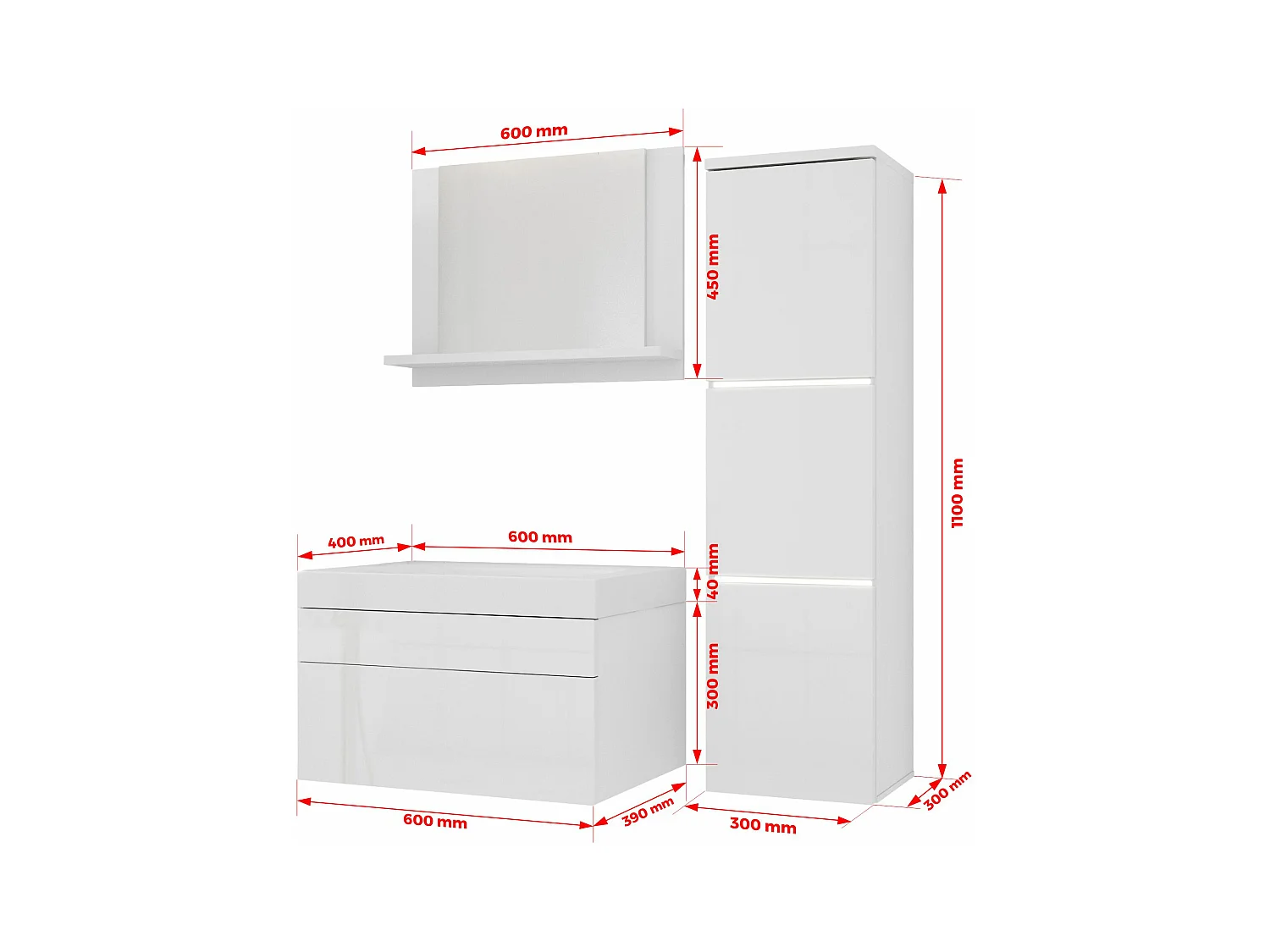 Ensemble meuble salle de bain, Blanc Mat, Antracite, 90 x 110 cm