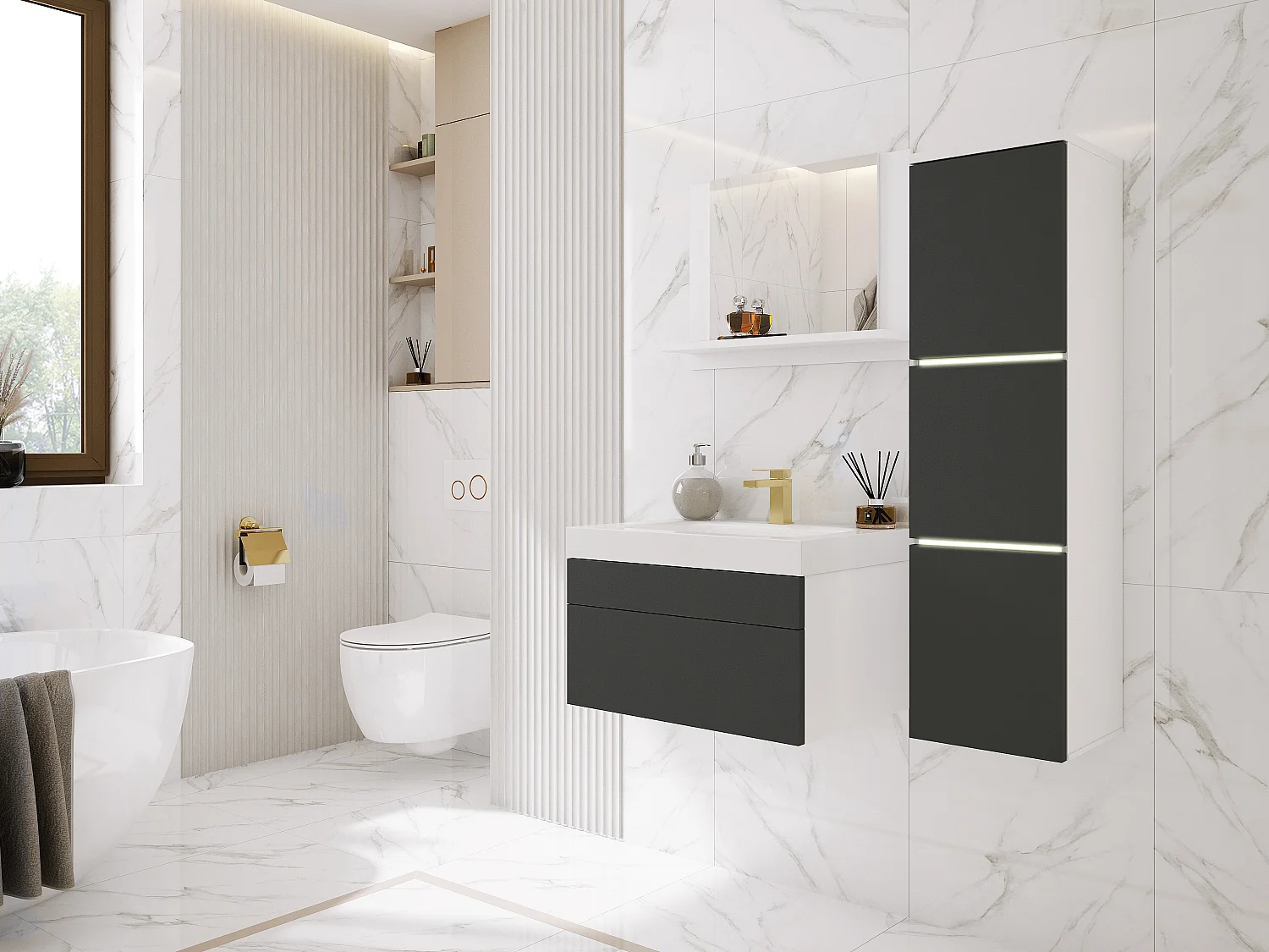 Set mobili da bagno, Bianco Opaco, Antracite, 90 x 110 cm