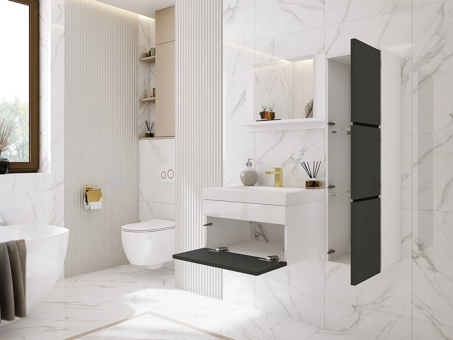 Ensemble meuble salle de bain, Blanc Mat, Antracite, 90 x 110 cm