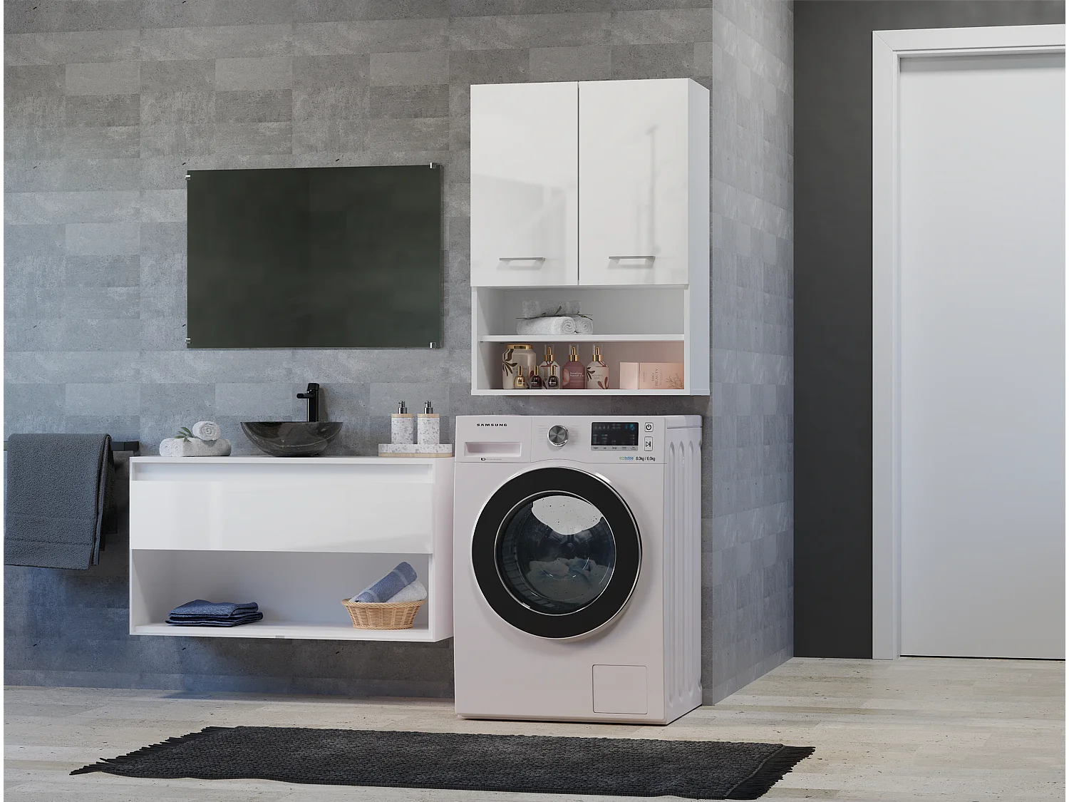 Armoire pour machine à laver, 30 x 64 x 90 cm, Blanc Mat / Blanc Brillant