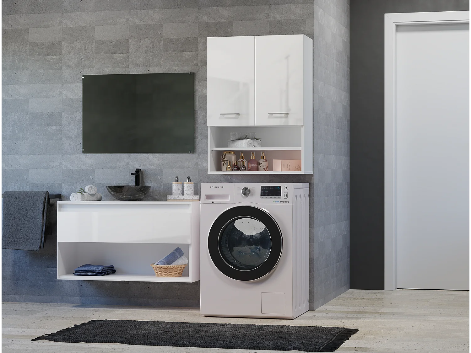 Szafka na pralkę, 30 x 64 x 90 cm, biały matowy / biały błyszczący