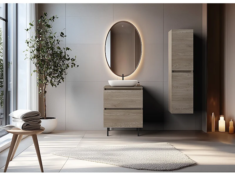 Meuble de salle de bain 60 cm avec plan de travail supérieur + pieds meuble, Couleur: Chêne Foncé, 60 x 77 x 46 cm