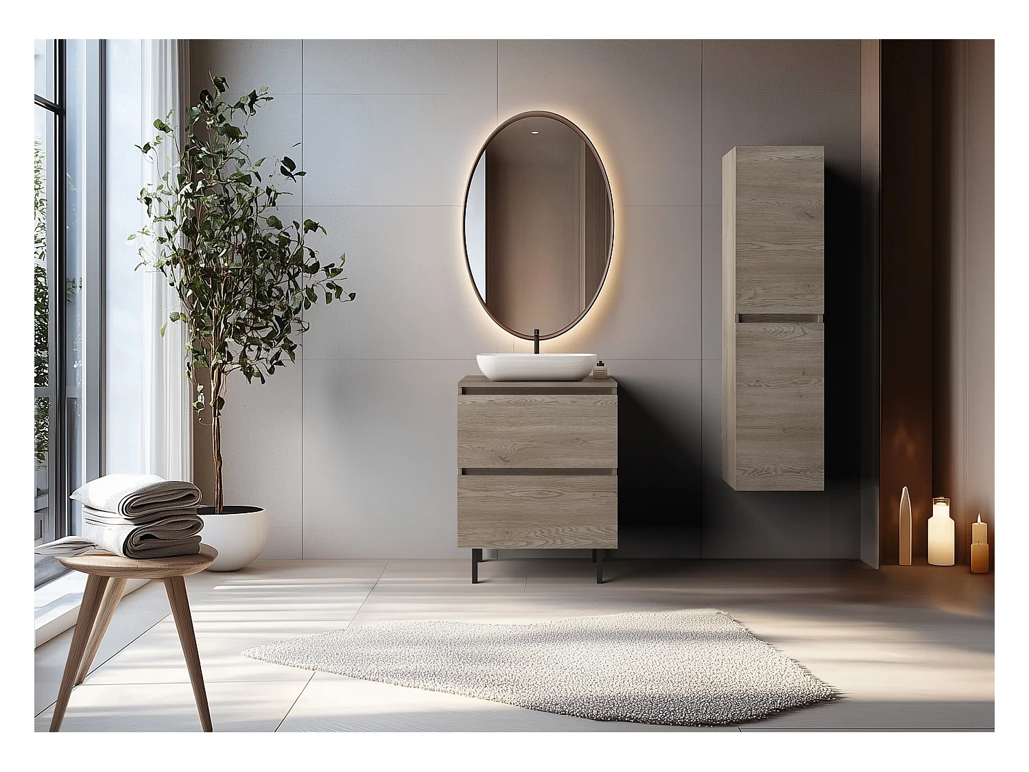 Meuble de salle de bain 60 cm avec plan de travail supérieur + pieds meuble, Couleur: Chêne Foncé, 60 x 77 x 46 cm