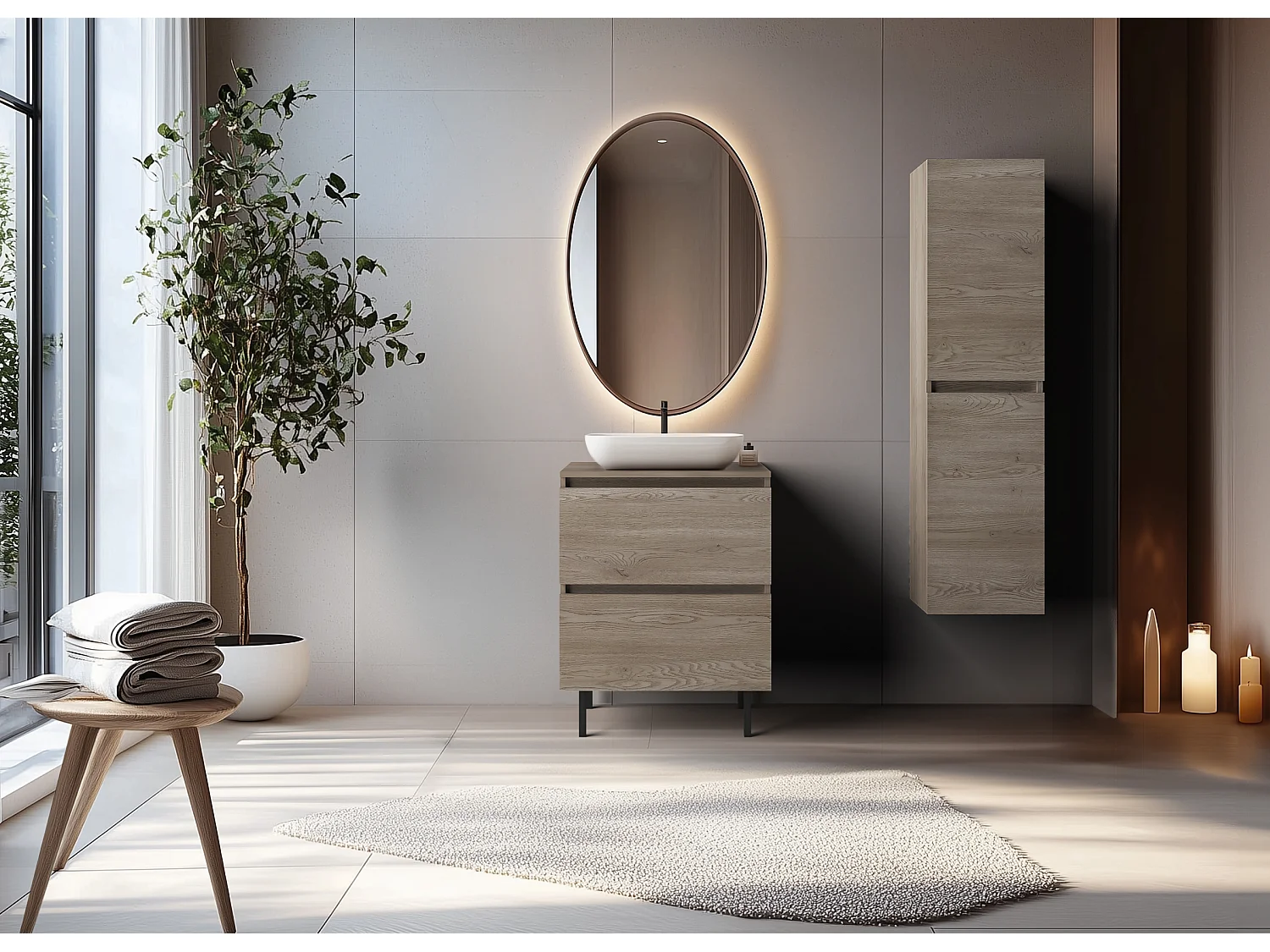 Meuble de salle de bain 60 cm avec plan de travail supérieur + pieds meuble, Couleur: Chêne Foncé, 60 x 77 x 46 cm