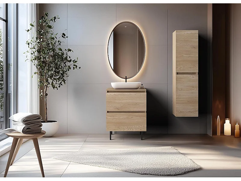 Meuble de salle de bain, pieds, Couleur : Chêne Clair, 60 x 77 x 46 cm, sans plan de travail