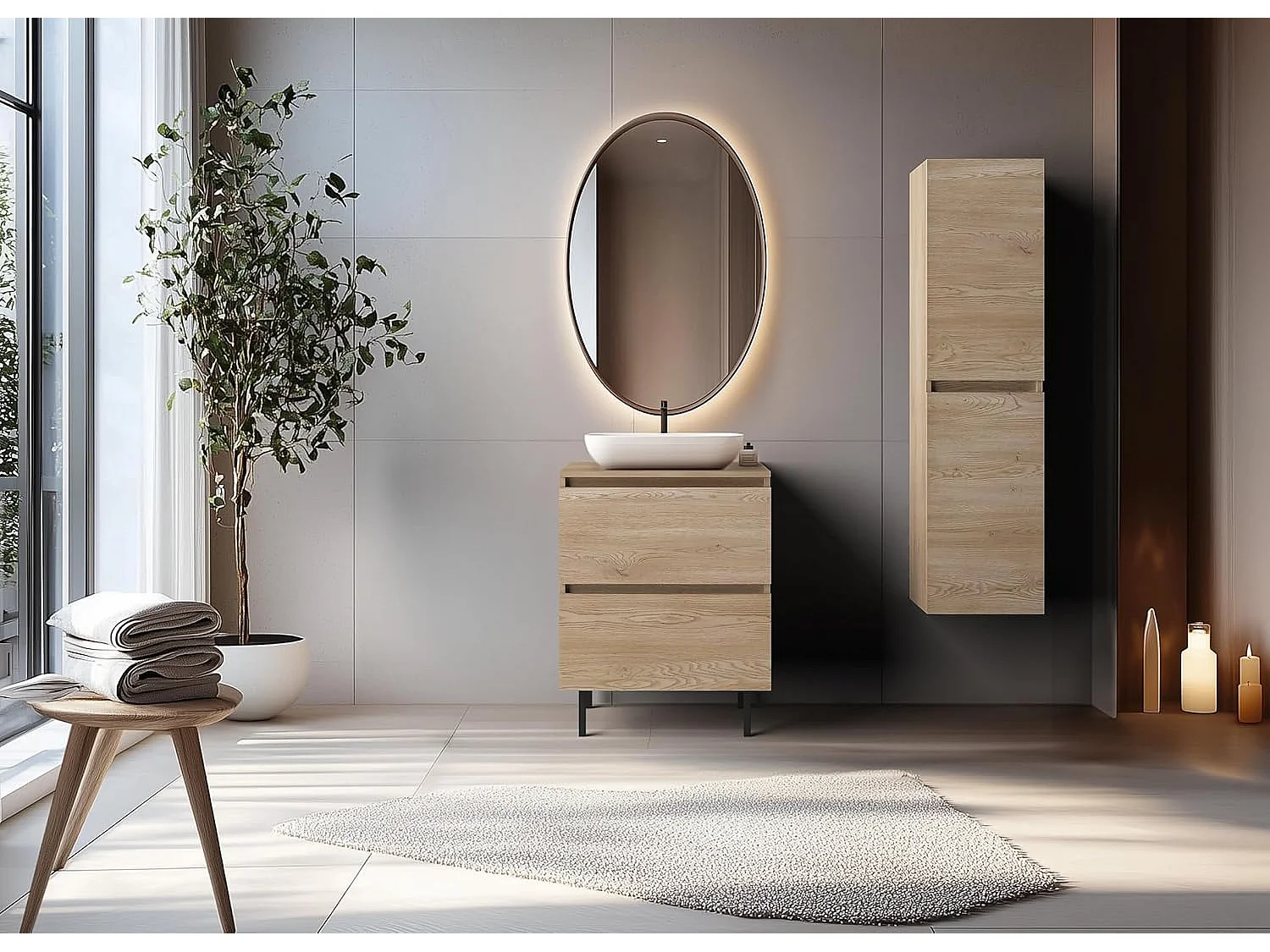 Meuble de salle de bain, pieds, Couleur : Chêne Clair, 60 x 77 x 46 cm, sans plan de travail