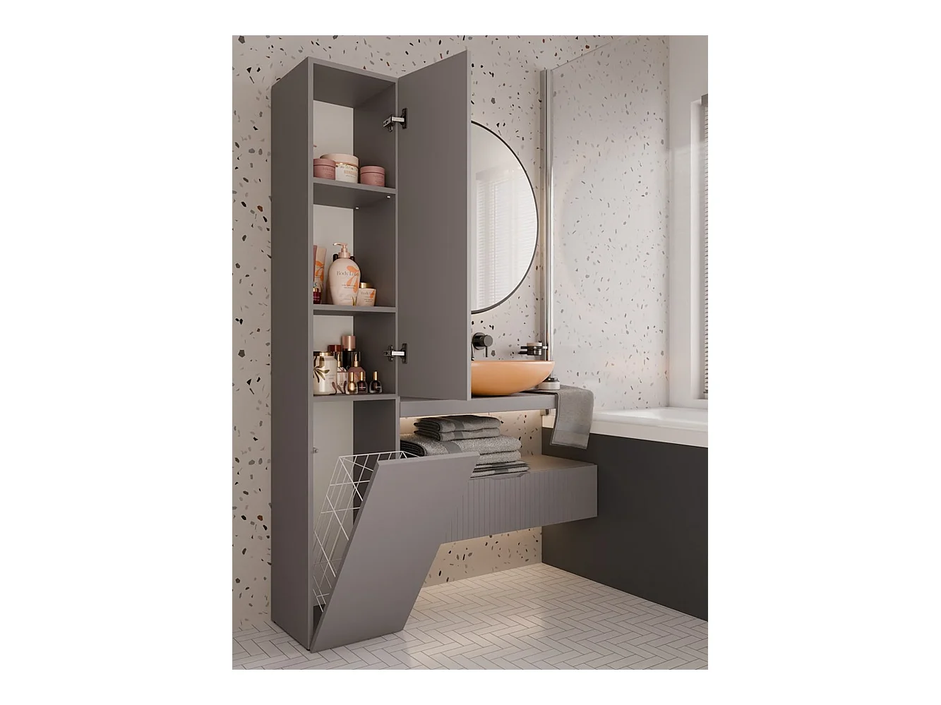 Meuble de salle de bain avec panier à linge : Argile, 174 x 31 x 30cm