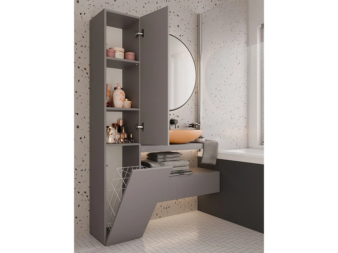 Badezimmermöbel mit Wäschekorb: Ton, 174 x 31 x 30 cm