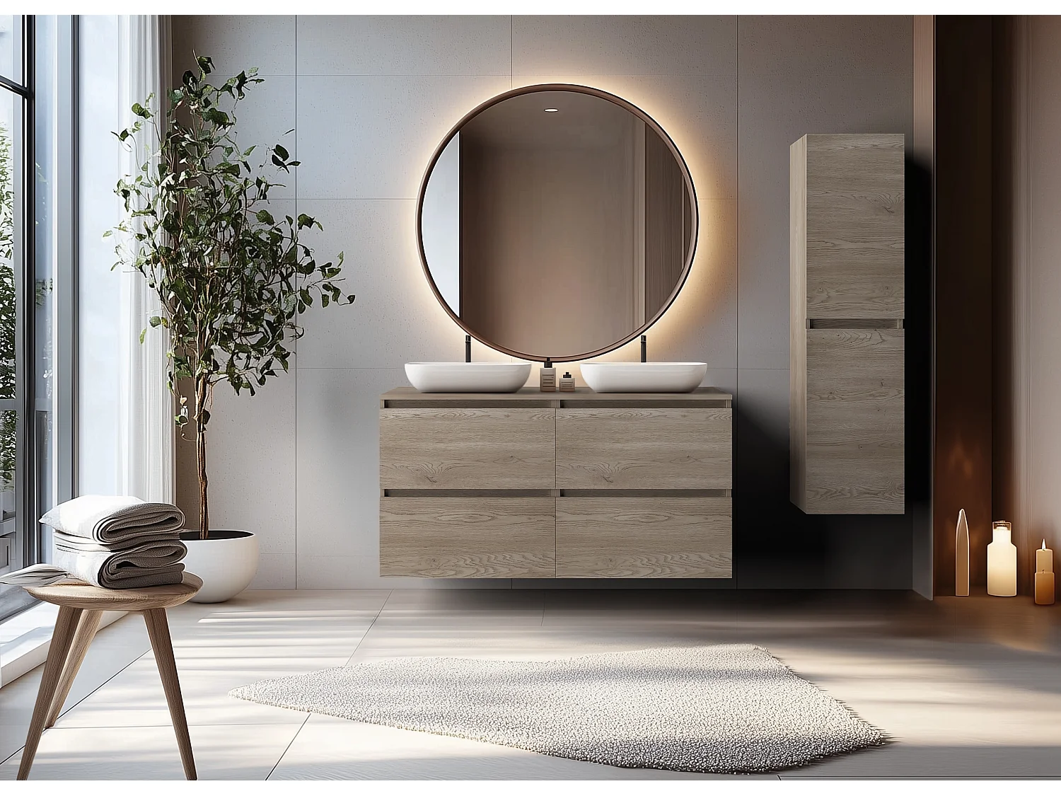 Meuble de salle de bain 120 cm (2 X 60) avec plan de travail en, Couleur: Chêne Foncé, 120 x 46 x 60,7 cm