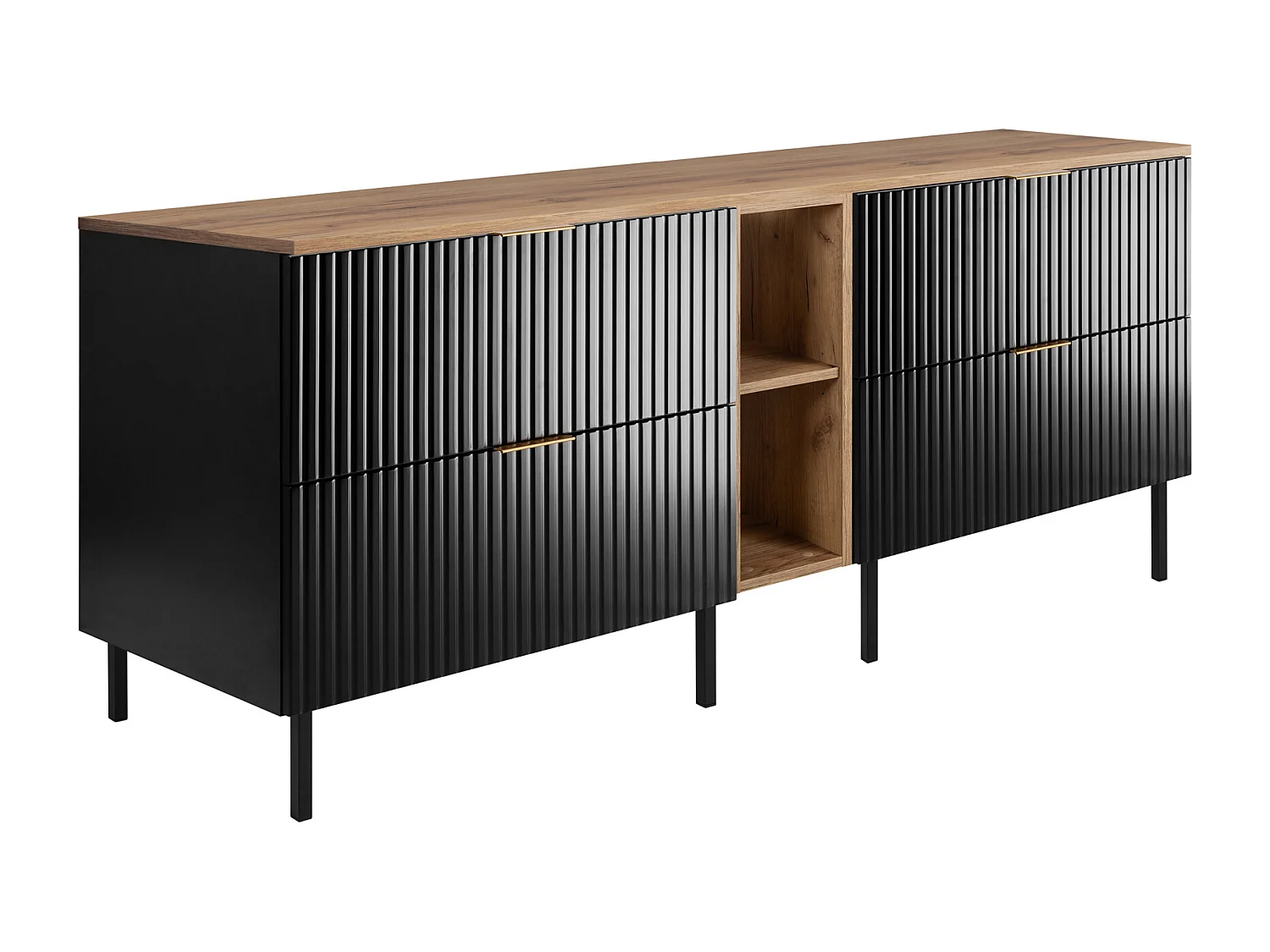 Meuble vasque, Noir / Chêne Craft + poignée dorée, 180 x 77 x 46 cm, pieds noirs + Plan de travail