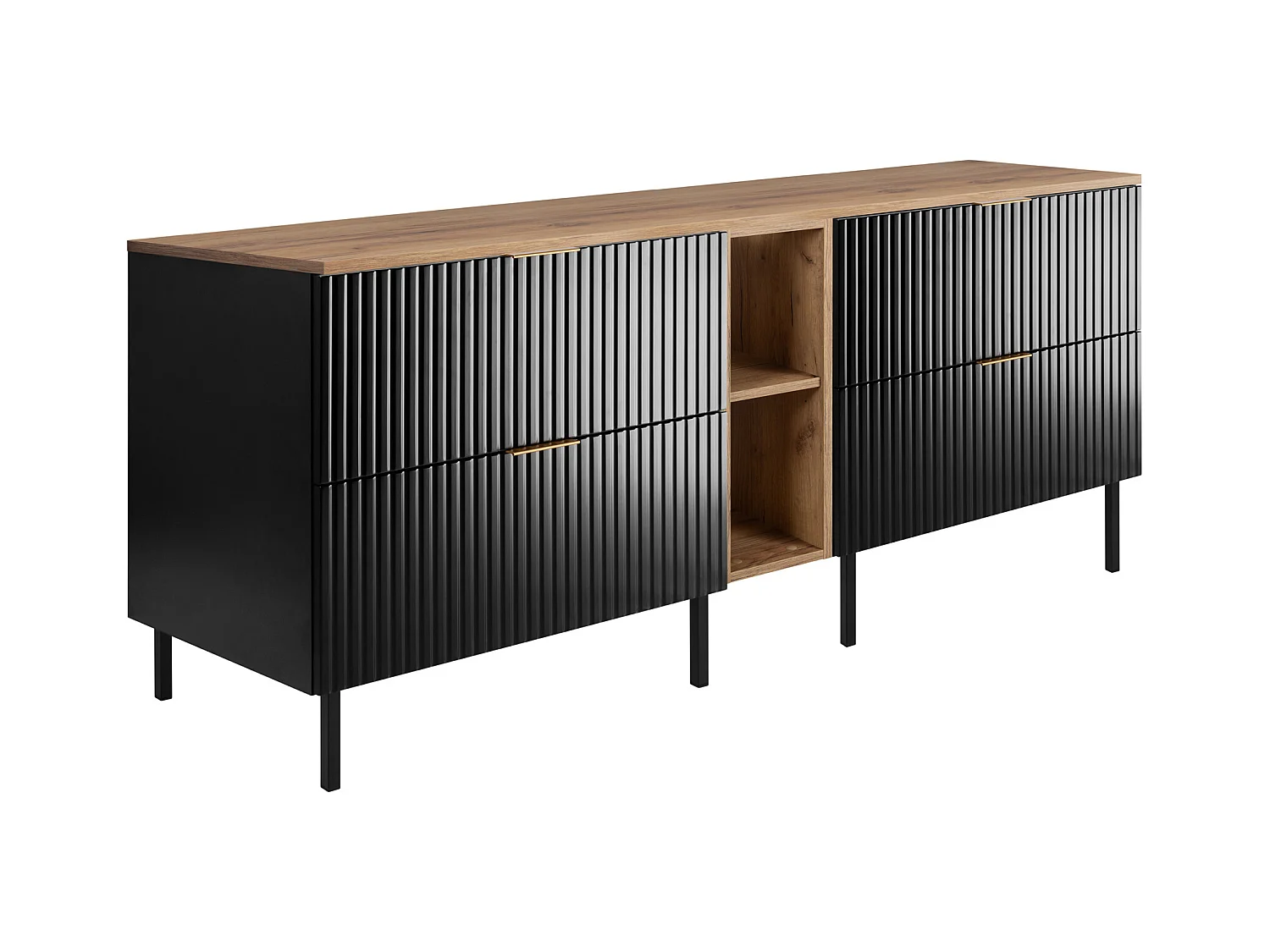 Meuble vasque, Noir / Chêne Craft + poignée dorée, 180 x 77 x 46 cm, pieds noirs + Plan de travail