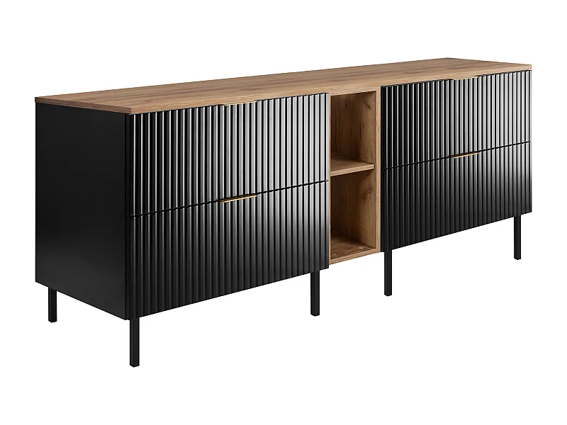 Waschtischunterschrank, Schwarz/Eiche mit goldenem Griff, 180 (2 x 80 + 20) x 77 x 46 cm + Arbeitsplatte, schwarze Beine