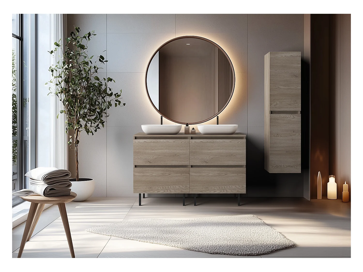 Meuble de salle de bain 120 cm (2 X 60) avec plan de travail supérieur + pieds meuble, Couleur: Chêne Foncé, 120 x 77 x 46 cm