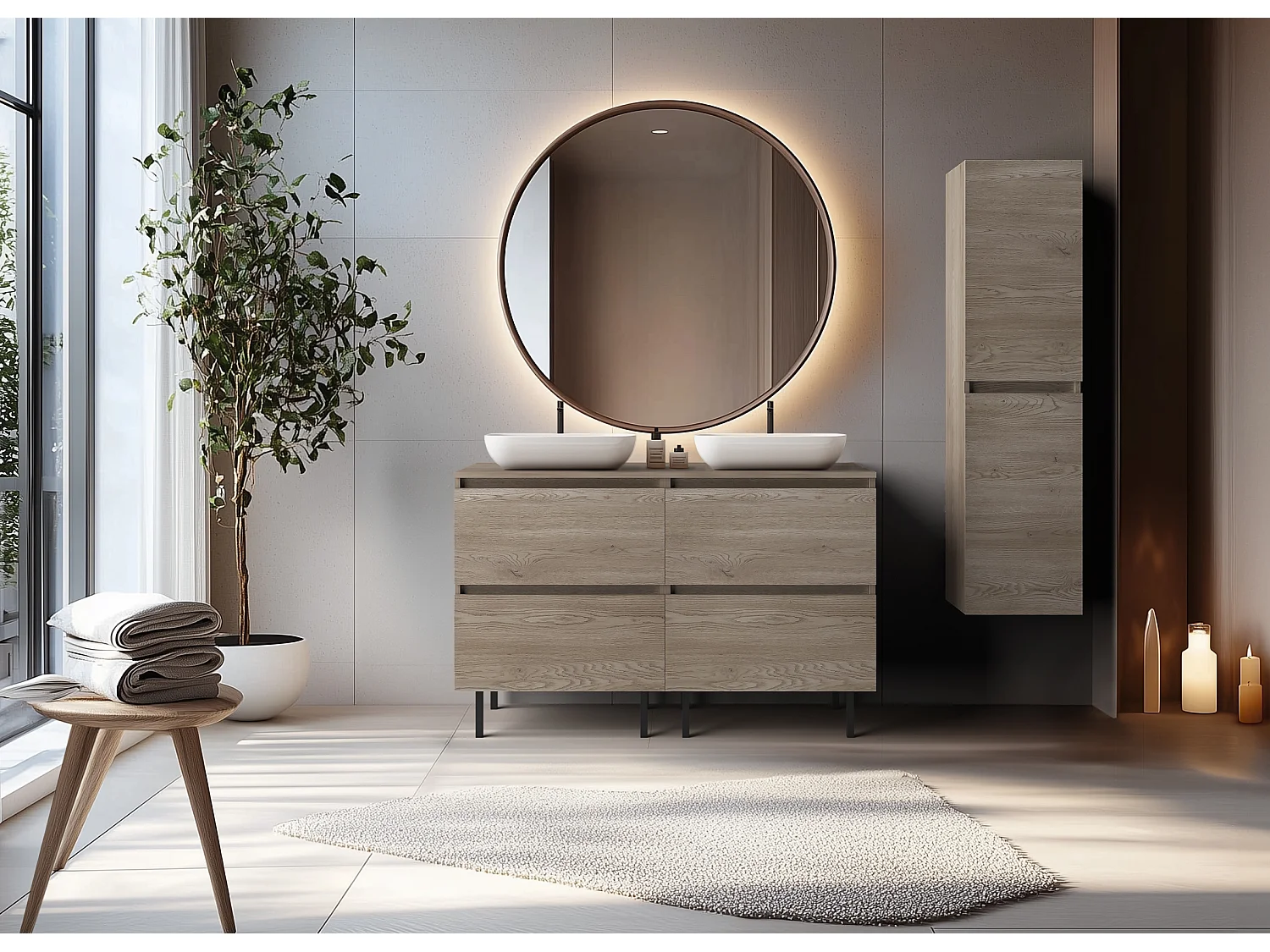 Badezimmermöbel 120 cm (2 x 60) mit oberer Arbeitsplatte + Möbelfüßen, Farbe: Dunkle Eiche, 120 x 80,7 x 46 cm