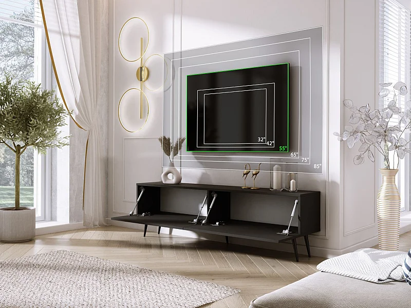 Meuble TV : Noir Mat / Noir Brillant, pieds noires, 170 x 52 x 32 cm