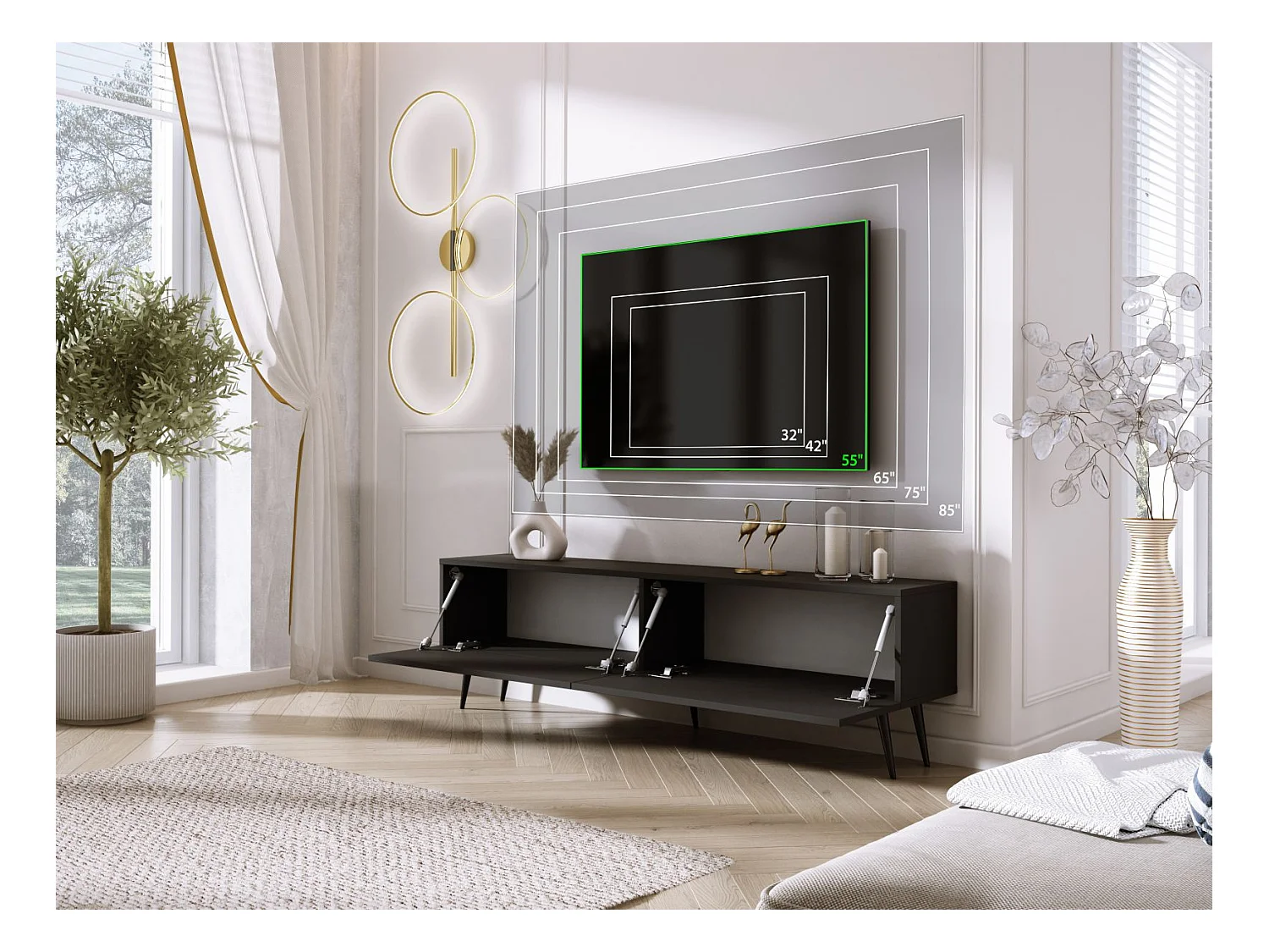Meuble TV : Noir Mat / Noir Brillant, pieds noires, 170 x 52 x 32 cm
