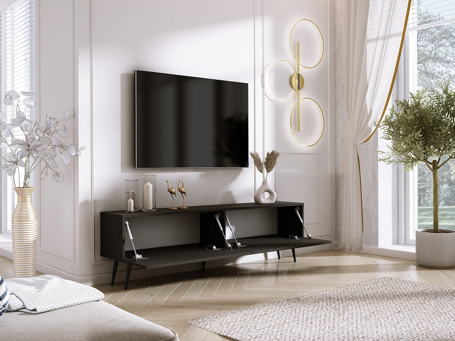 TV-Schrank: Mattschwarz / Hochglanzschwarz, schwarze Beine, 170 x 52 x 32 cm