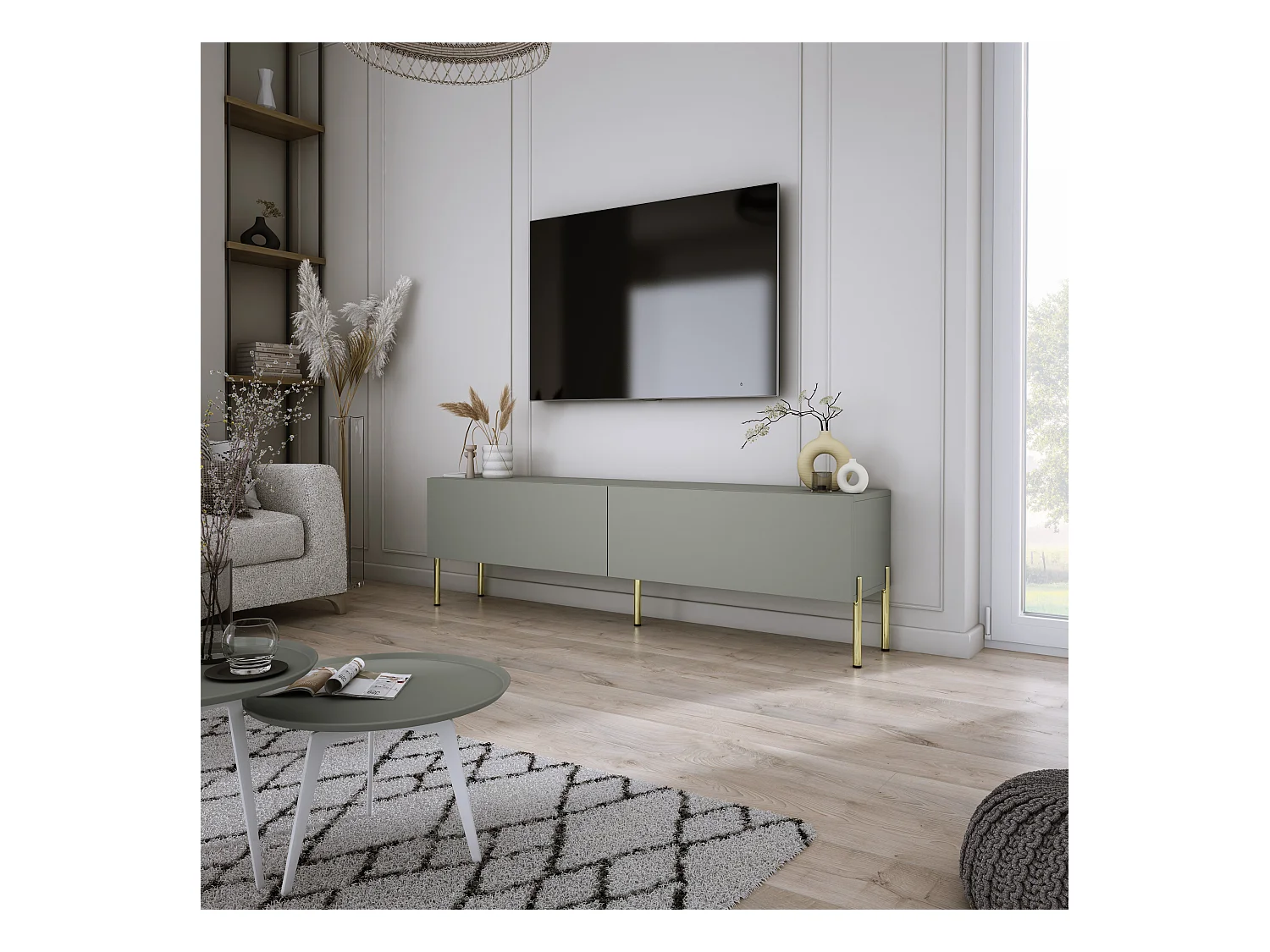 Meuble TV : Aloès, 140 x 52 x 32 cm, pieds dorées