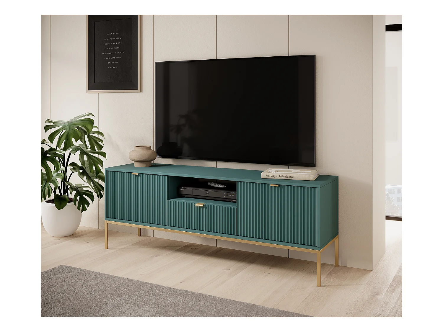 Meuble TV : 1 tiroir, 2 portes, labrador, or, 154 x 56 x 39 cm, poignées dorées